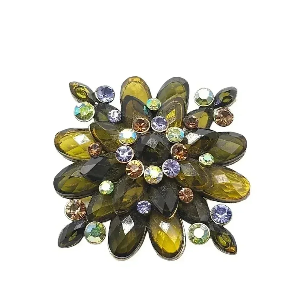 Green Aurora Borealis Prystal Brooch Pin Gold Tone Vintage FOR REPAIR